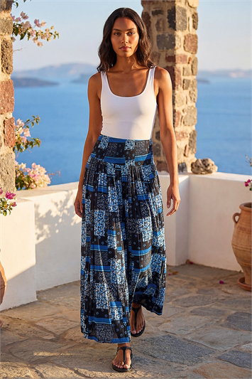 Blue Floral Tile Print Palazzo Wide Leg Trouser
