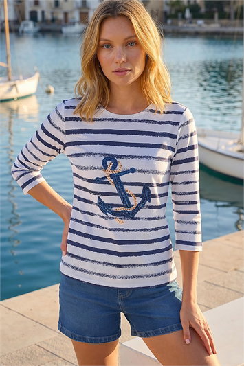 Blue Anchor Striped Hotfix Top
