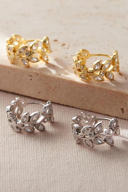Metallic Sterling Silver Olive Leaf Cz Sparkly Hoops