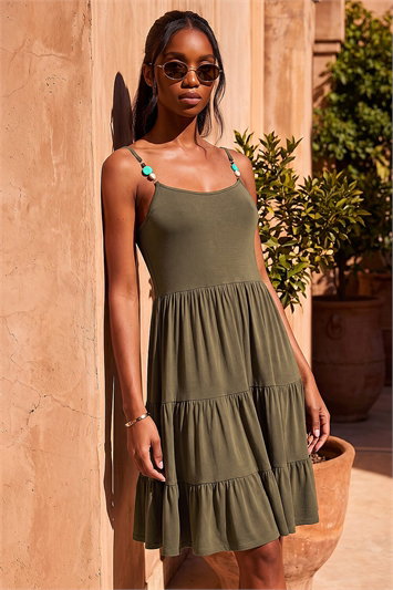 Green Petite Beaded Strappy Tiered Dress