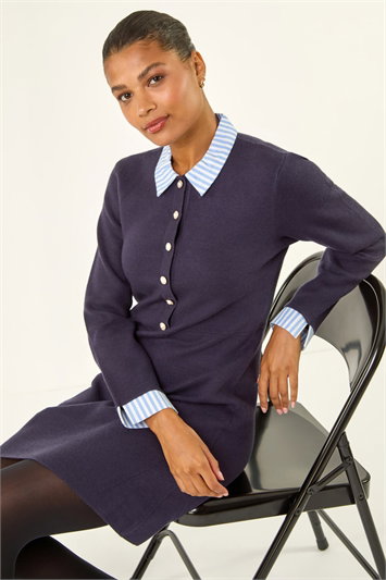 Blue Stripe Collar Buttoned Knit Dress