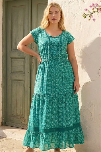 Blue Curve Floral Print Swing Midi Dress