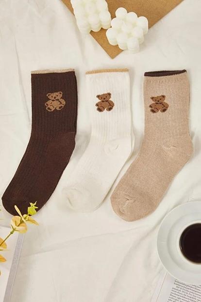 Multi 3 Pack Teddy Bear Jacquard Cotton Knit Socks