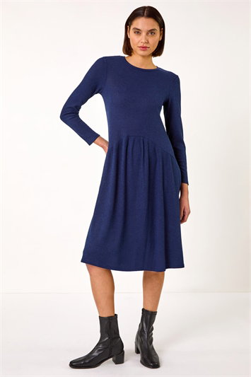 Blue Ribbed Drop Waist Stretch Midi Dress