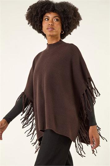 Brown Fringe Hem Knit Poncho