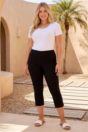 Black Curve Cropped Elastic Waist Stretch Trouser