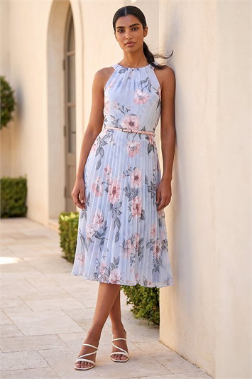 Grey Floral Pleated Halter Neck Midi Dress