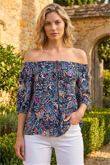 Blue Floral Print Bardot Bubble Hem Top