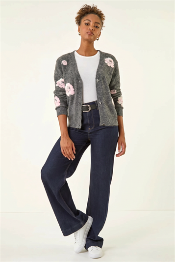 Grey Embossed Floral Knit Cardigan