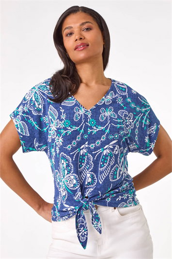 Blue Textured Print Tie Hem Top