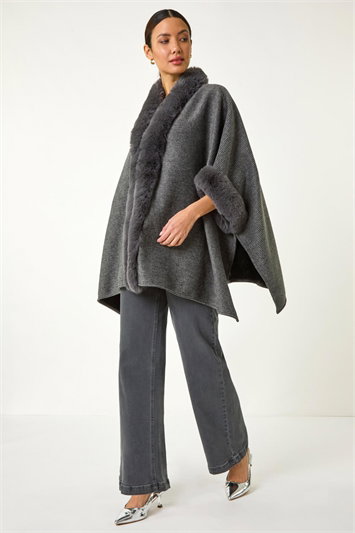 Textured Faux Fur Trim Cape 16200536
