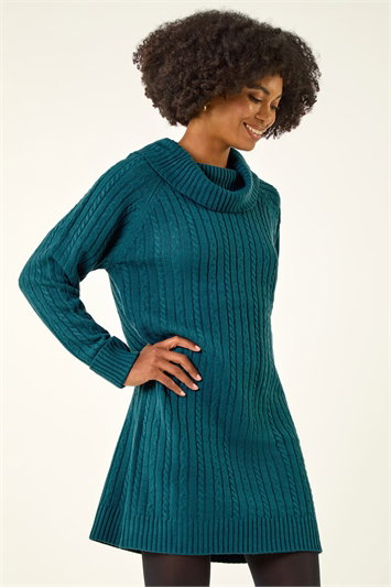 Blue Roll Neck Knitted Jumper Dress