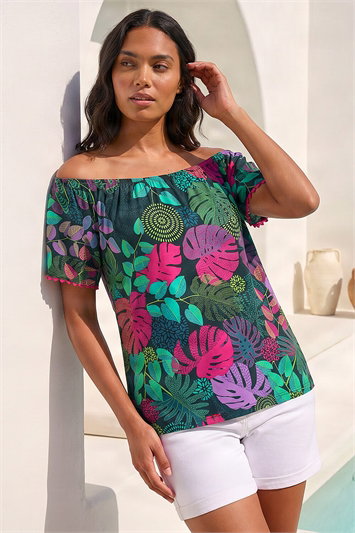 Green Printed Bardot Stretch Top