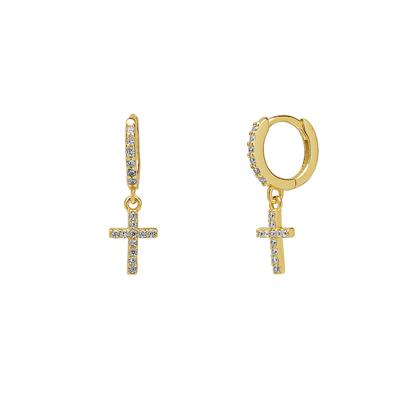 Metallic Sterling Silver Huggie Pave Cross Drop Earring