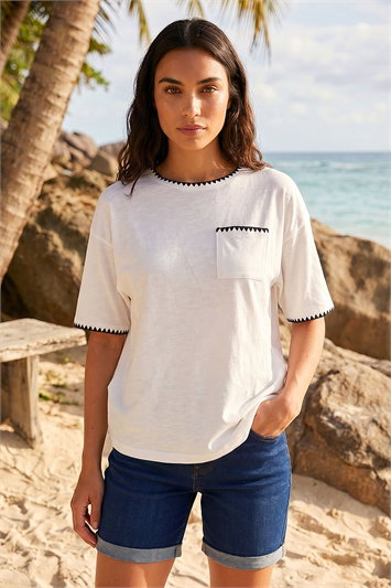 White Blanket Stitch Oversized T-Shirt