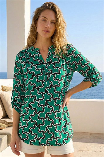 Green Abstract Print Stretch Shirt