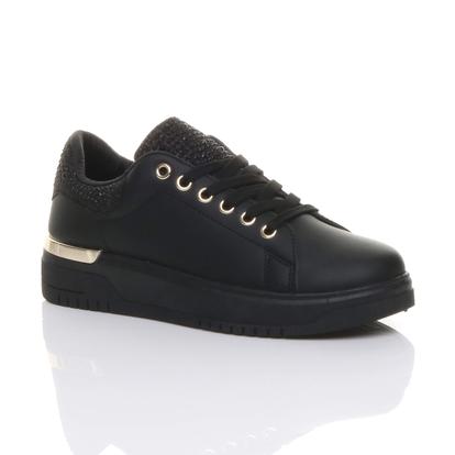 Black Flat Chunky Diamante Sparkly Trainers