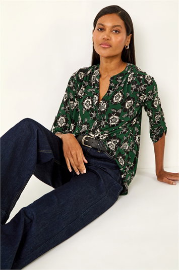 Green Floral Puff Print Stretch Shirt