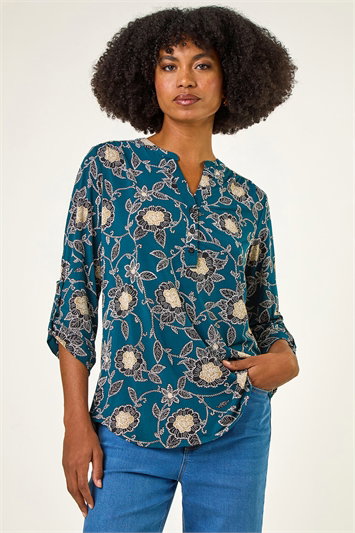 Green Textured Floral Print Notch Neck Top