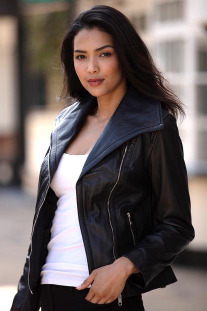 Black 'Isabella' Real Leather Wide Collar Biker Jacket