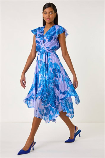 Blue Floral Frill Midi Wrap Dress