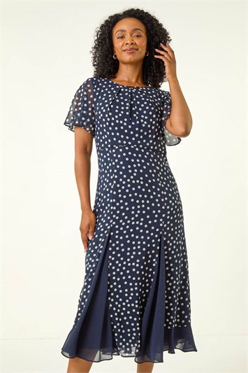 Petite Spot Print Godet Hem Midi Dress 14772860