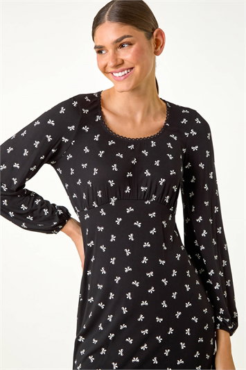 Black Bow Print Lace Detail Stretch Dress