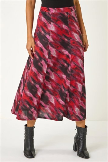 Red Abstract Print Midi Skirt