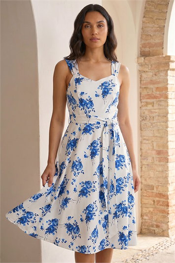 Blue Floral Tie Waist Midi Dress