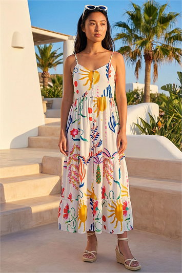 White Petite Print Strappy Button Front Dress