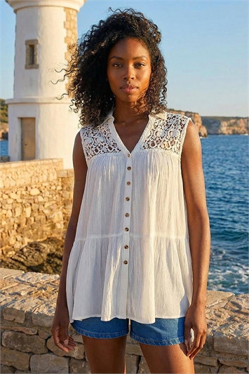 White Lace Yoke Tiered Panel Blouse
