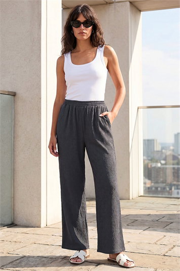 Grey Crinkle Textured Stretch Trouser
