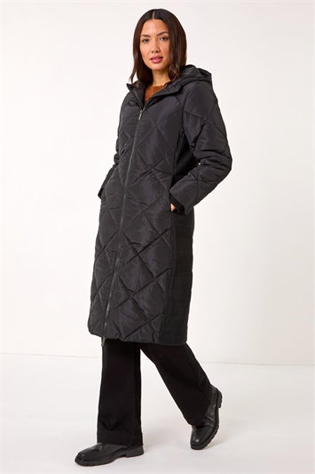 Longline Diamond Quilt Hooded Coat 12032108