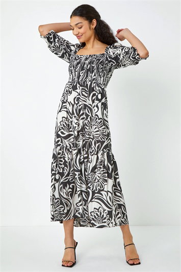 Floral Contrast Print Midi Dress 14379908