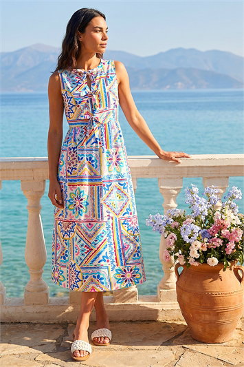 Tile Print Bow Front Midi Dress 14748545