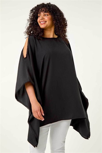 Black Curve Bobble Trim Hanky Hem Top