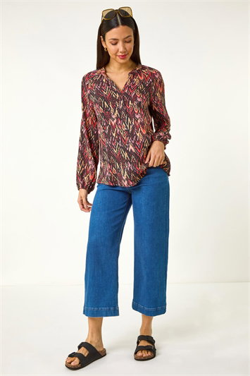 Aztec Print V-Neck Cuff Sleeve Top 20183164