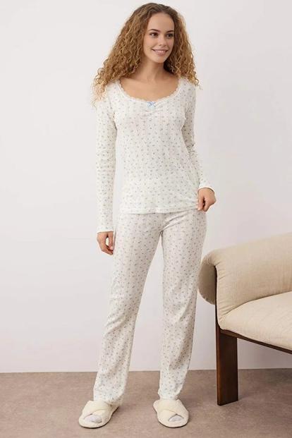 Pink Ditsy Floral Lace Trim Scoop Neck Long Sleeve Ribbed Pyjama Set