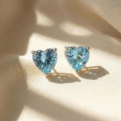 Blue Aquamarine Heart Sterling Silver Stud Gemstone Earrings