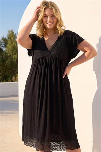 Black Curve Lace V-Neck Midi Dress