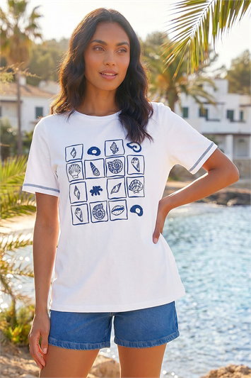 White Textured Shell Print T-Shirt