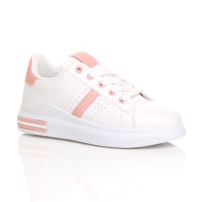 White Flat Lace Up Glitter Trainers