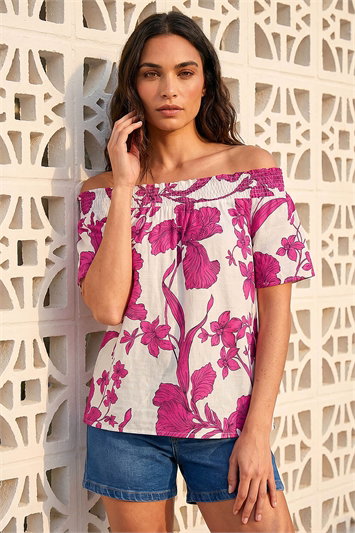 Pink Floral Print Bardot Top