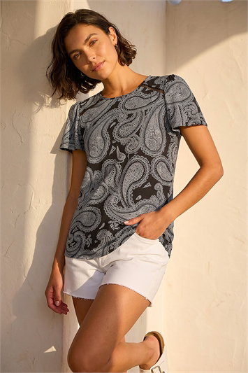 Black Paisley Print Ladder Trim Top