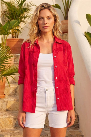 Floral Embroidered Collared Shirt 10211878