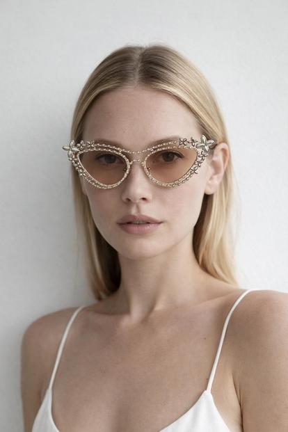 Cream Diamante Cat Eye Sunglasses In Champagne