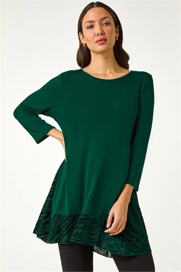 Green Velvet Animal Print Hem Tunic Top