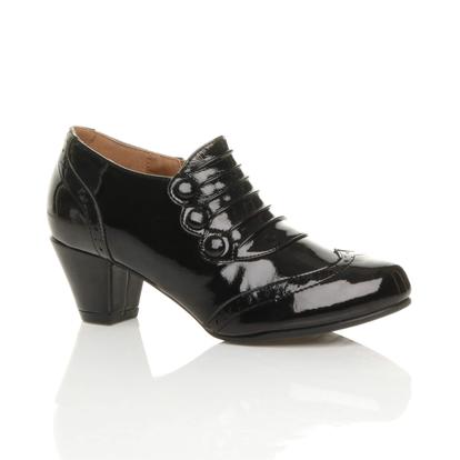 Black Mid Cuban Heel Brogue Button Ankle Boots