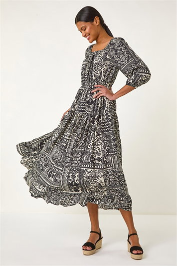 Abstract Print Shirred Midi Dress 14663308