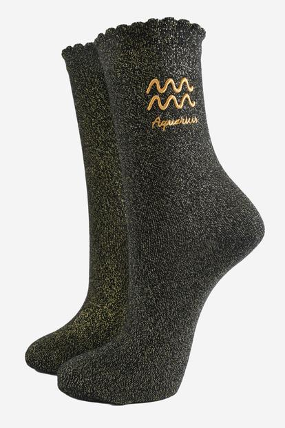 Black Embroiderd Aquarius Zodiac Glitter Socks